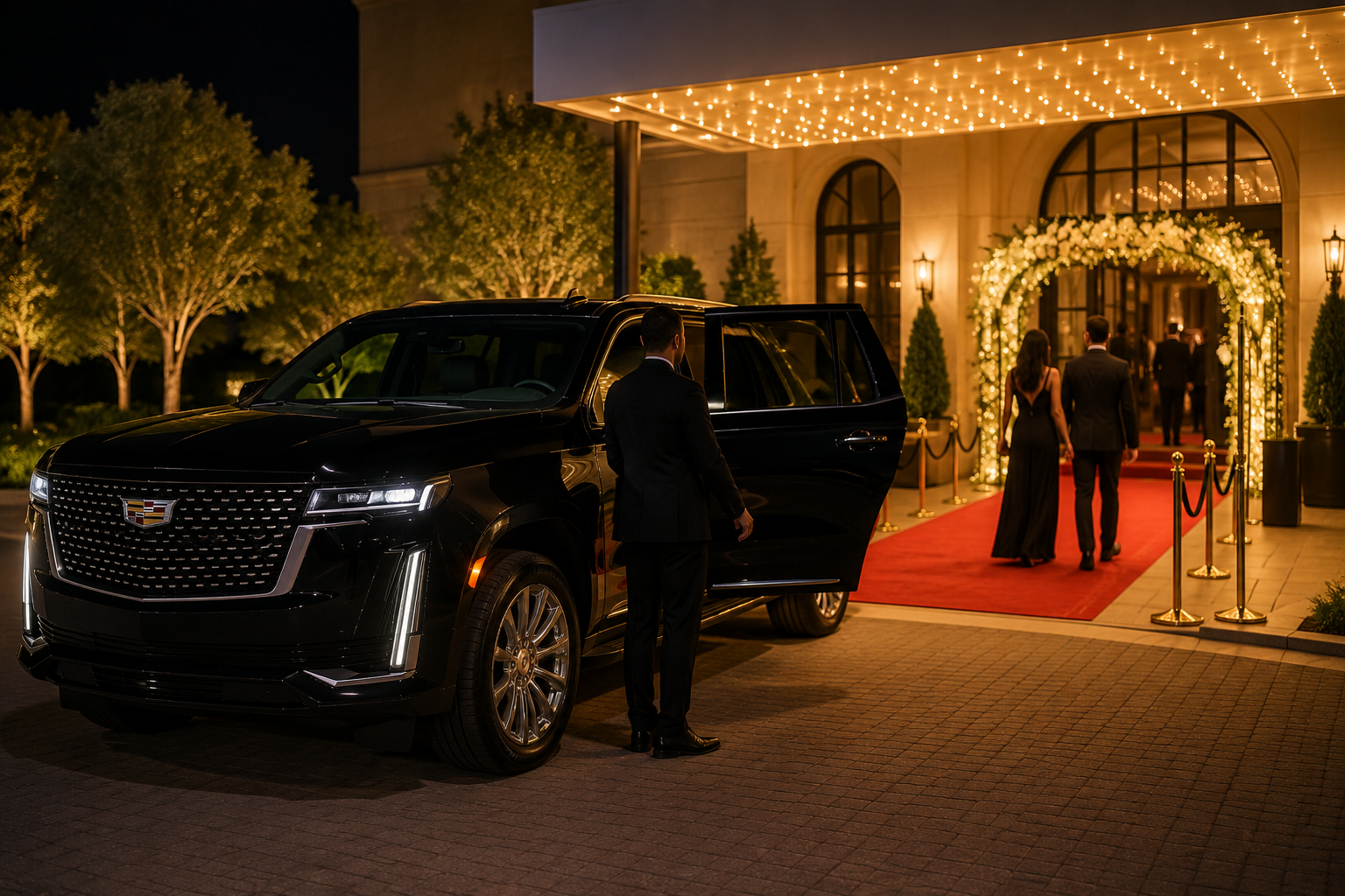 Chauffeur assisting guests arriving at an evening event