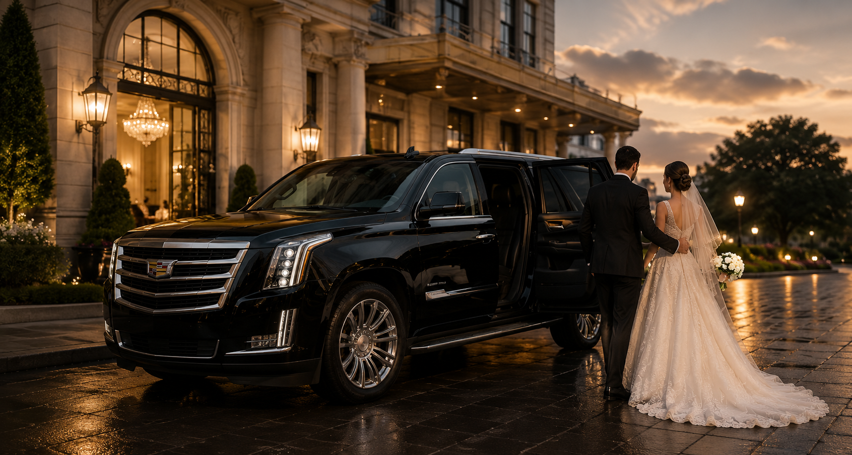 Wedding couple arriving at their venue by black SUV