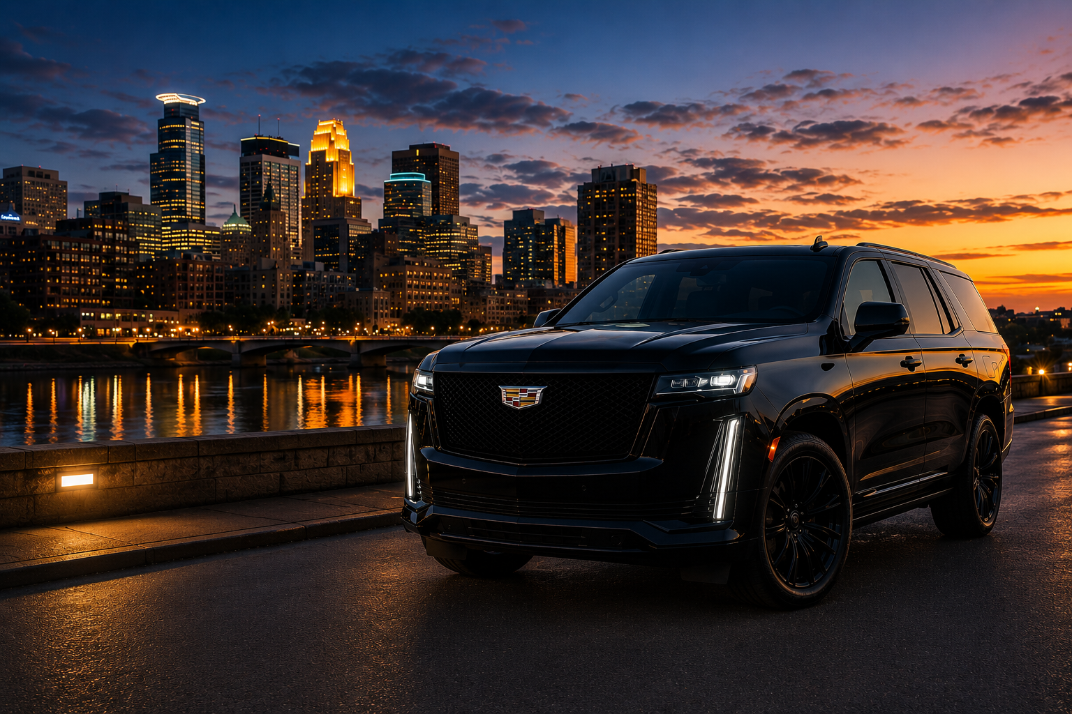 Black SUV with the Minneapolis skyline at dusk