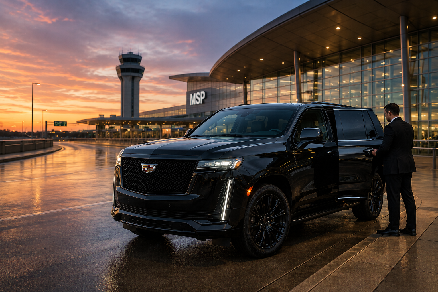 Black SUV parked at MSP Airport terminal at sunset