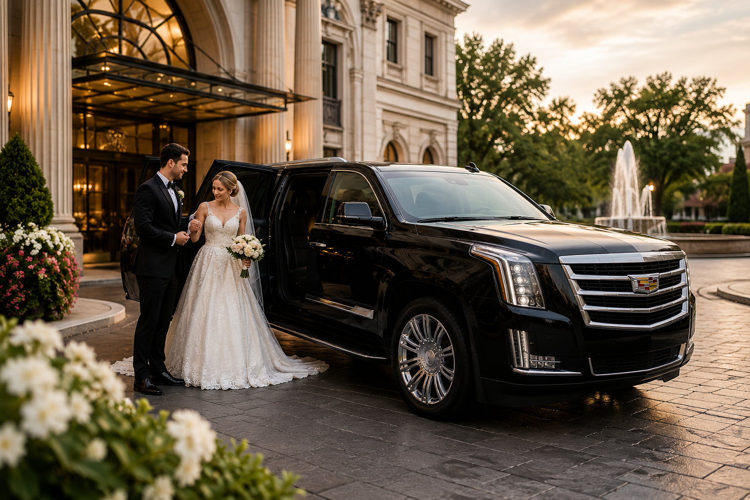 Bride and groom beside the wedding vehicle